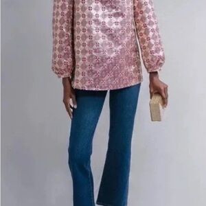 Tuckernuck Pink Floral Brocade Tunic with Puff Sleeves